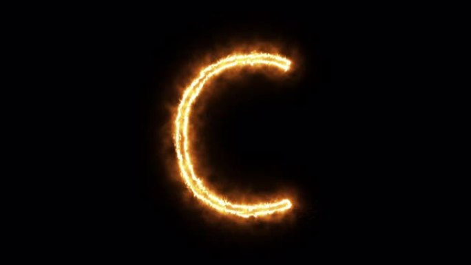 燃烧火焰的字母 “C”。燃烧字体或篝火字母文本，带有炽热的炽热光芒。3D渲染。