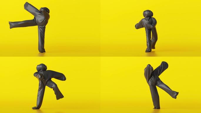 3d卡通人物在黄色背景上跳舞，穿着充气黑色塑料服装的人，有趣的吉祥物循环动画，现代最小无缝运动设计