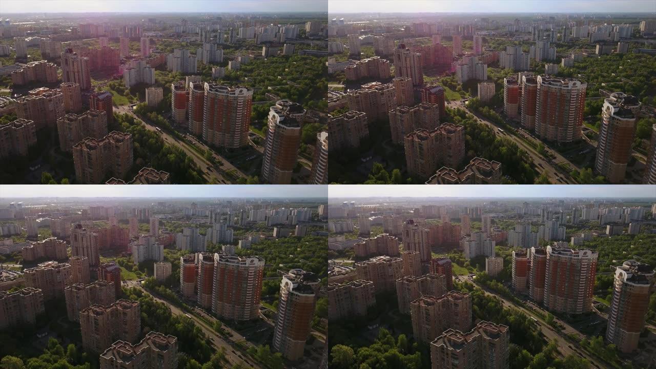 俄罗斯莫斯科城市景观拉蒙基区阳光日间空中全景4k