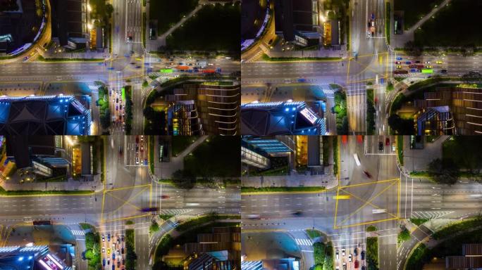 夜间照明新加坡市区繁忙交通街道十字路口空中俯拍延时全景4k
