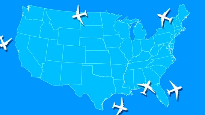 飞机动画飞越蓝色美国地图。