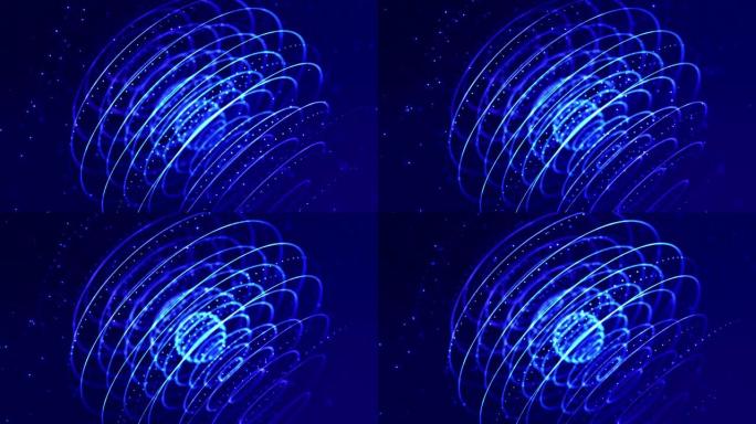 4k循环科幻粒子背景，bokeh和灯光效果。辉光蓝色粒子形成线条，表面，复杂的结构，以平滑的方式运动