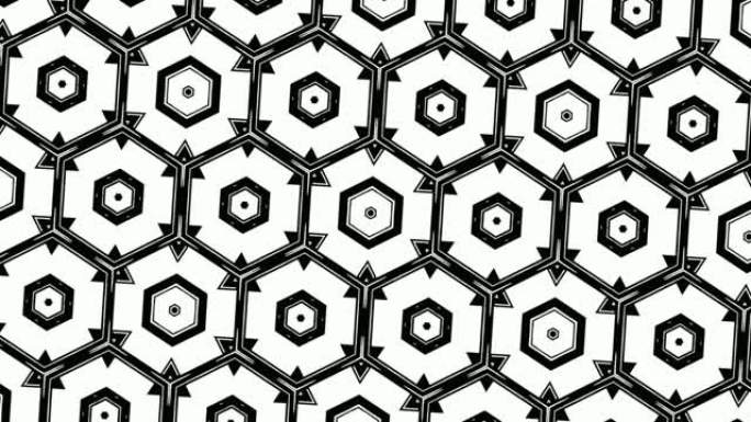 六边形单色设计的动画，在白色背景上对称排列并旋转。无缝循环。运动图形。VJ循环