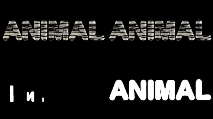 3d动画文本拼写动物，由愤怒的斑马条纹字母制成