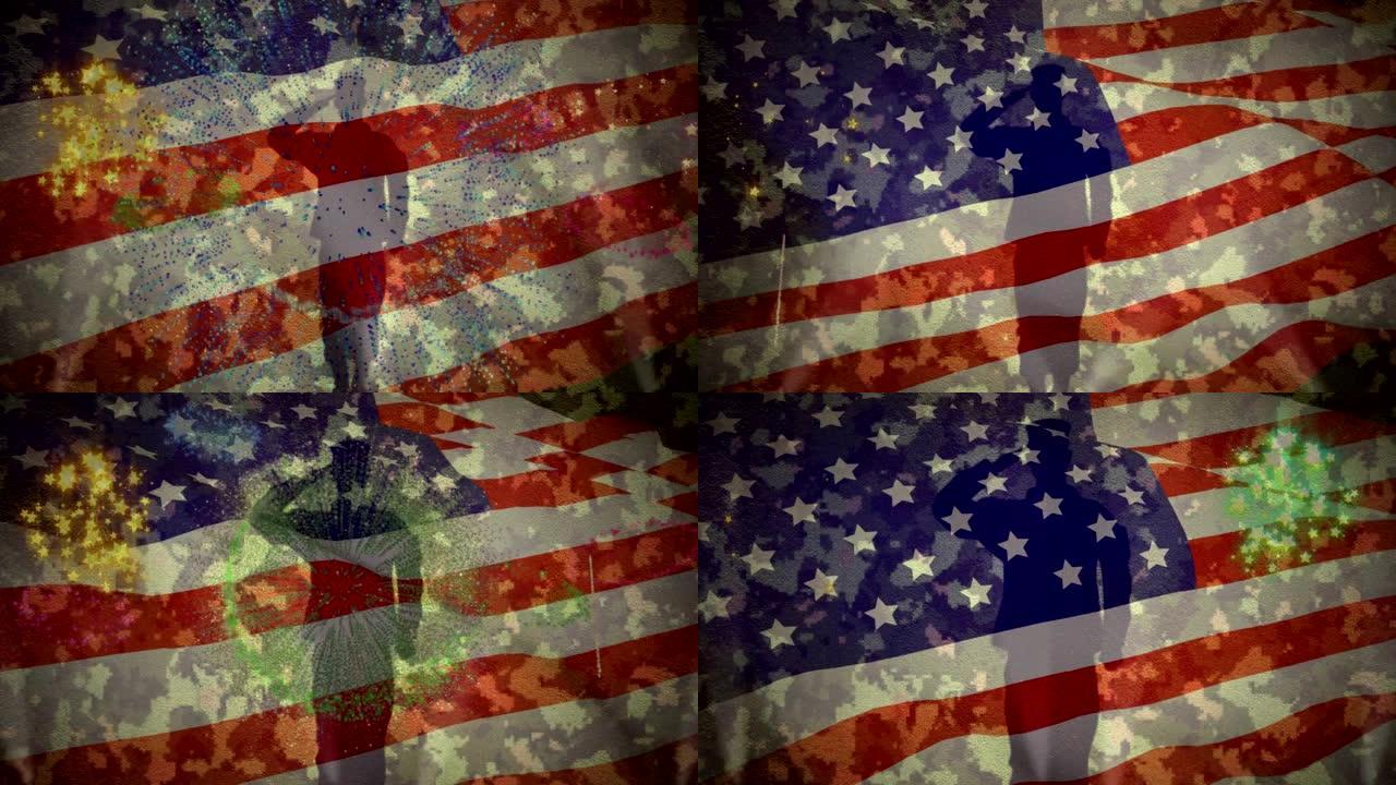 烟花和士兵雕像映衬着飘扬的美国国旗