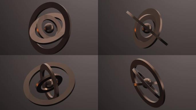 金属环和球体。抽象3d动画。