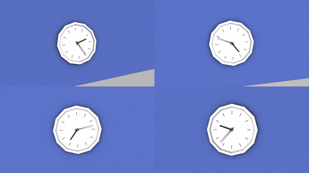 墙上挂着的抽象钟。动画。蓝色墙壁背景上的时钟，手快速移动，传递时间概念和延时效果