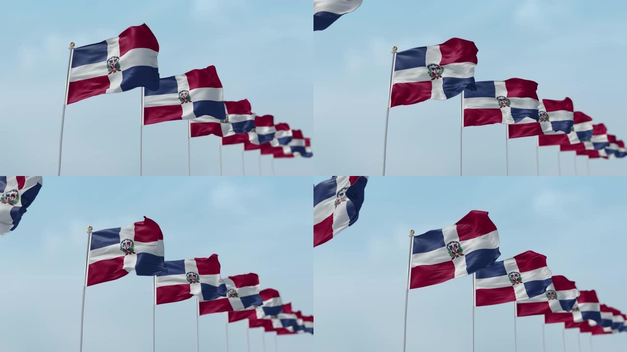 一排挥舞的多米尼加国旗与天空的背景