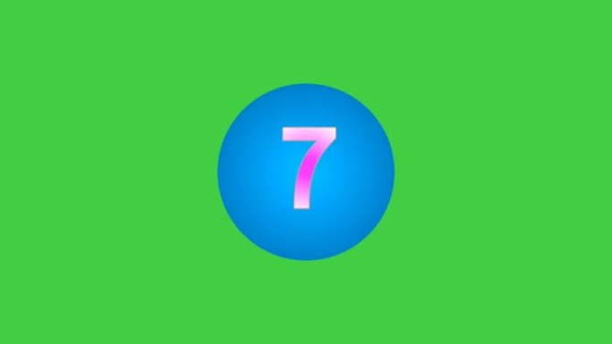 绿色屏幕上渐变蓝色色球的倒计时动画数字10到1。用于运动或比赛的绿色背景动画编号
