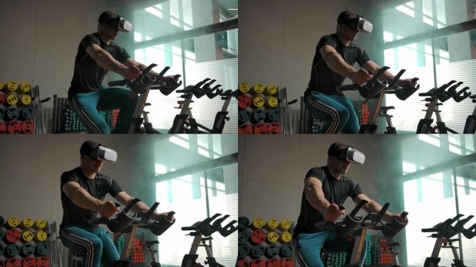 运动型男性在VR头盔中的自行车模拟器上进行繁重的运动