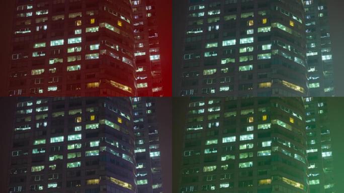 夜间照明南京市市中心办公楼正面近景立面延时全景4k中国