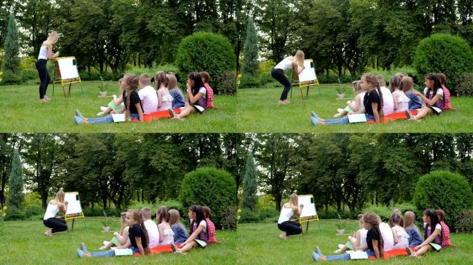 一位老师在户外公园教一班孩子。回到学校，在大流行期间学习