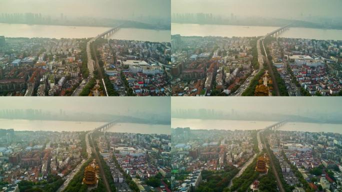 中国日落时间武汉市著名黄鹤交通路河桥空中全景4k时间推移