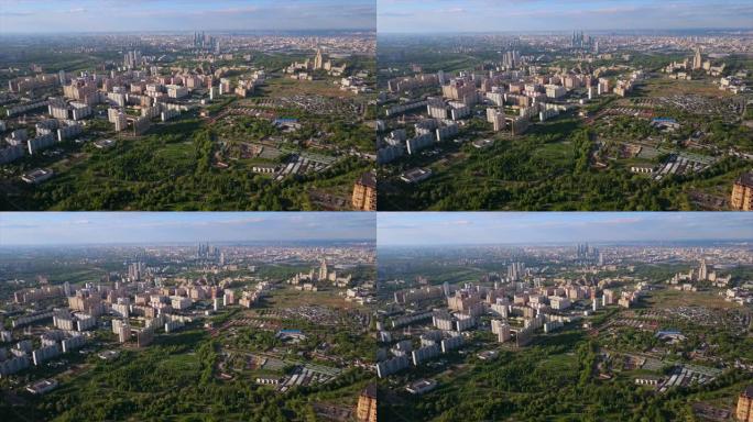 俄罗斯莫斯科市大学城市景观公园空中日落时间全景4k