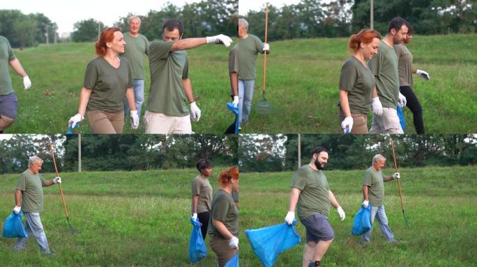 在公园进行环境清理后，快乐的志愿者们建立了联系