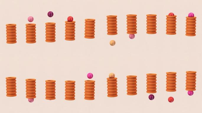 橙色的管子和彩色的球。抽象动画，3d渲染。