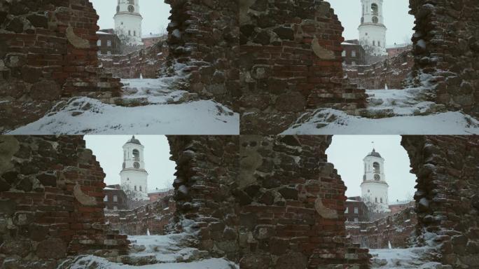 维堡被毁教堂窗户上的钟楼