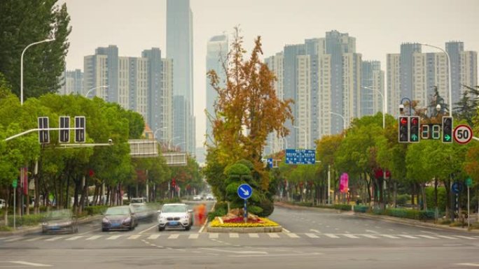 南京城市公寓住宅现代建筑综合体交通街十字路口全景延时4k中国