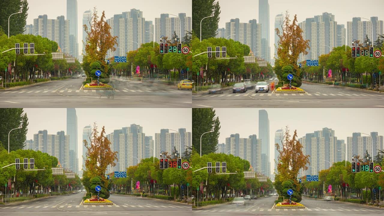 南京城市公寓住宅现代建筑综合体交通街十字路口全景延时4k中国
