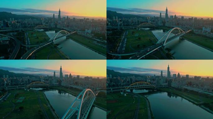 日落时，台北的空中拍摄与桥梁交叉