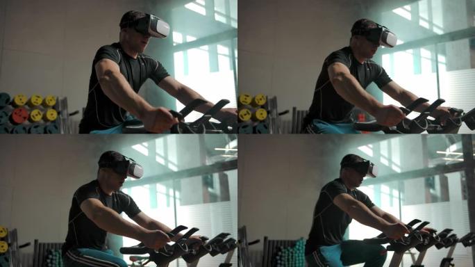 专业运动员在VR头盔中的自行车模拟器上进行运动锻炼