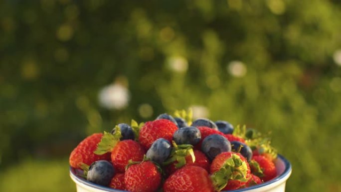 碗中的蓝莓和草莓美食旋转摆拍