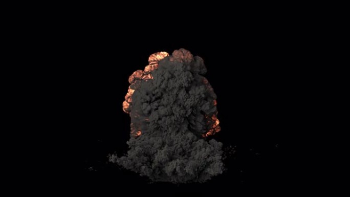 黑烟炸弹爆炸的特写镜头。带有alpha通道的孤立黑色背景上浓烟的爆炸，弹药爆炸，真正的烟雾。