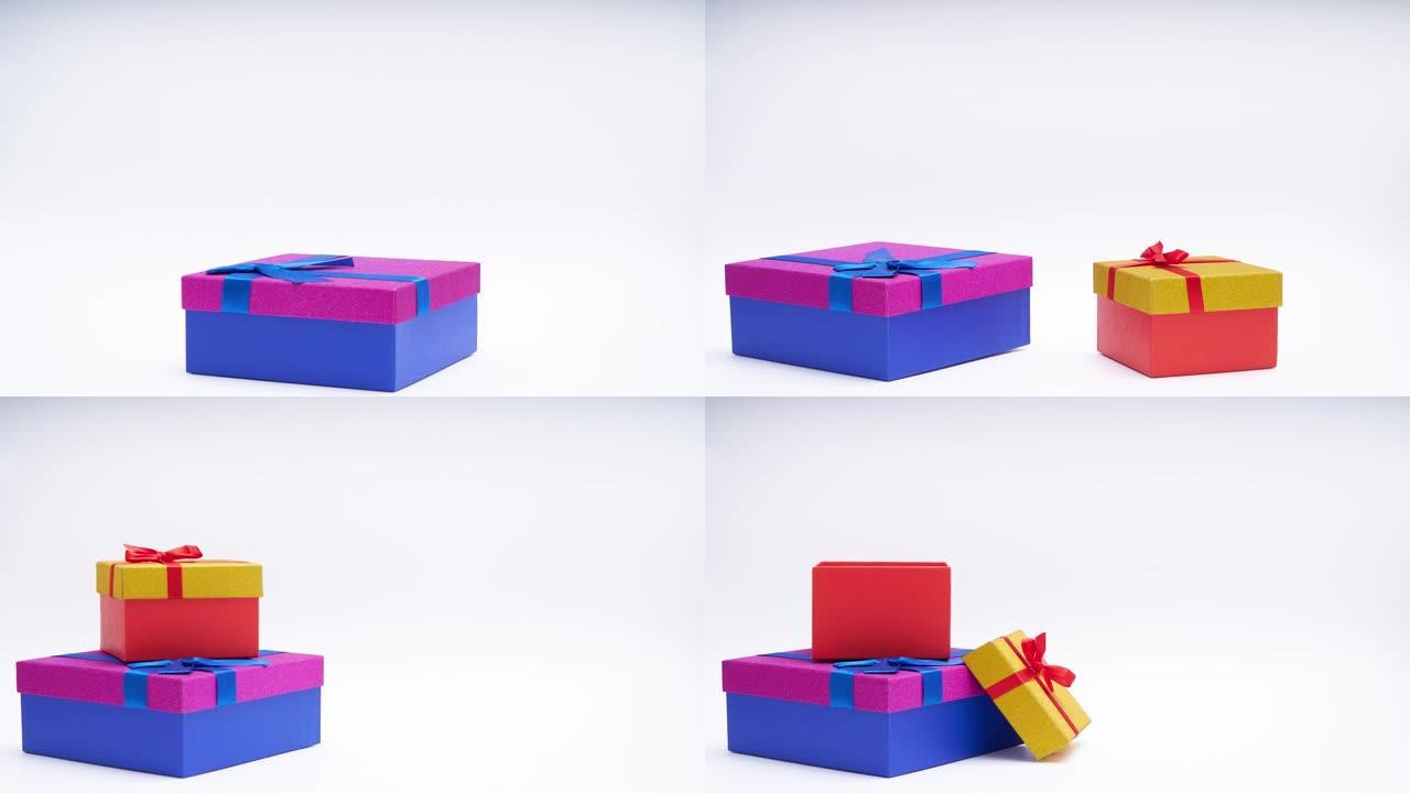 两个明亮的礼物盒子的停止运动动画。假期的概念