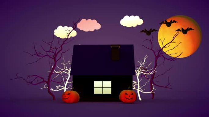 万圣节假期概念。一间小房子，有南瓜和一个有趣的鬼魂。3D渲染