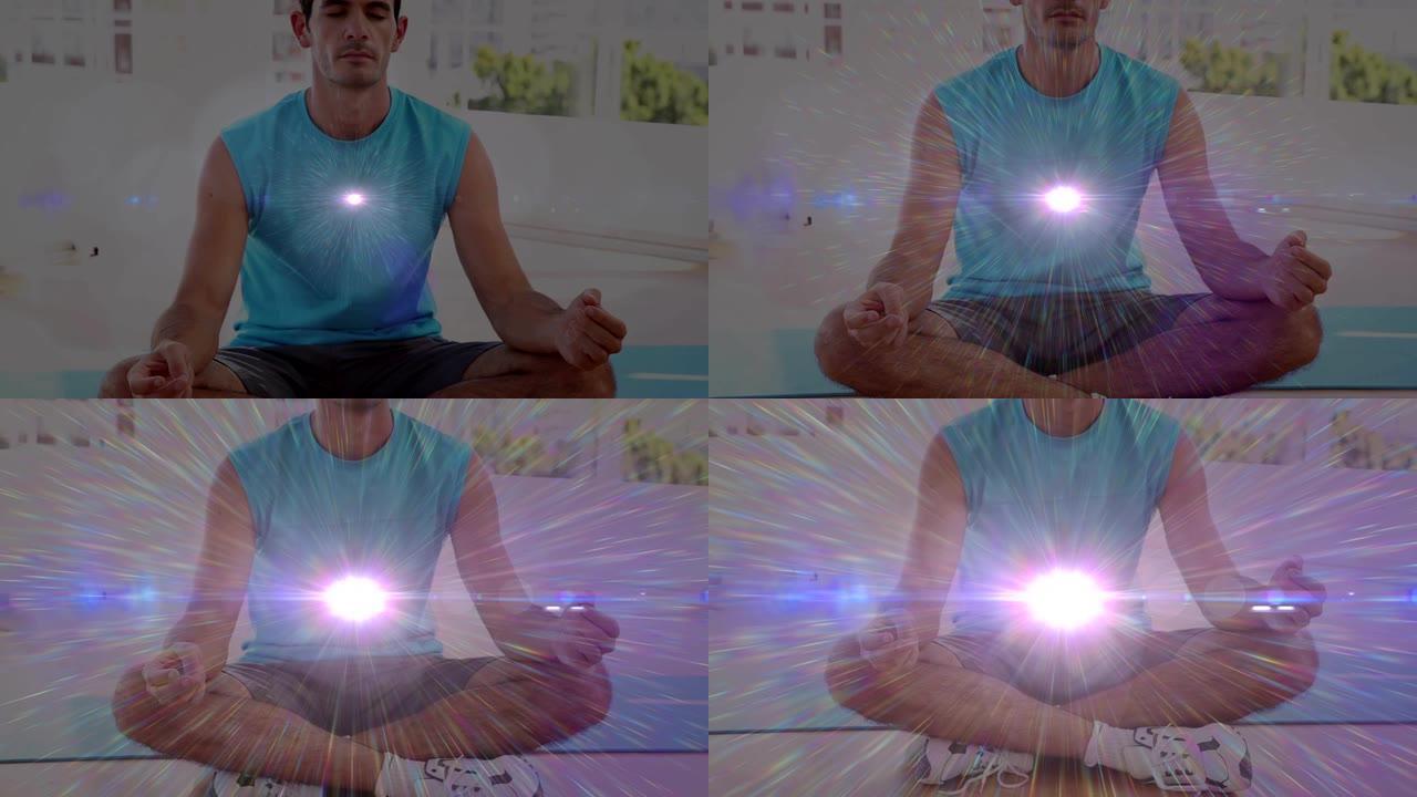 白光闪烁在前景中练习瑜伽冥想的高加索人动画