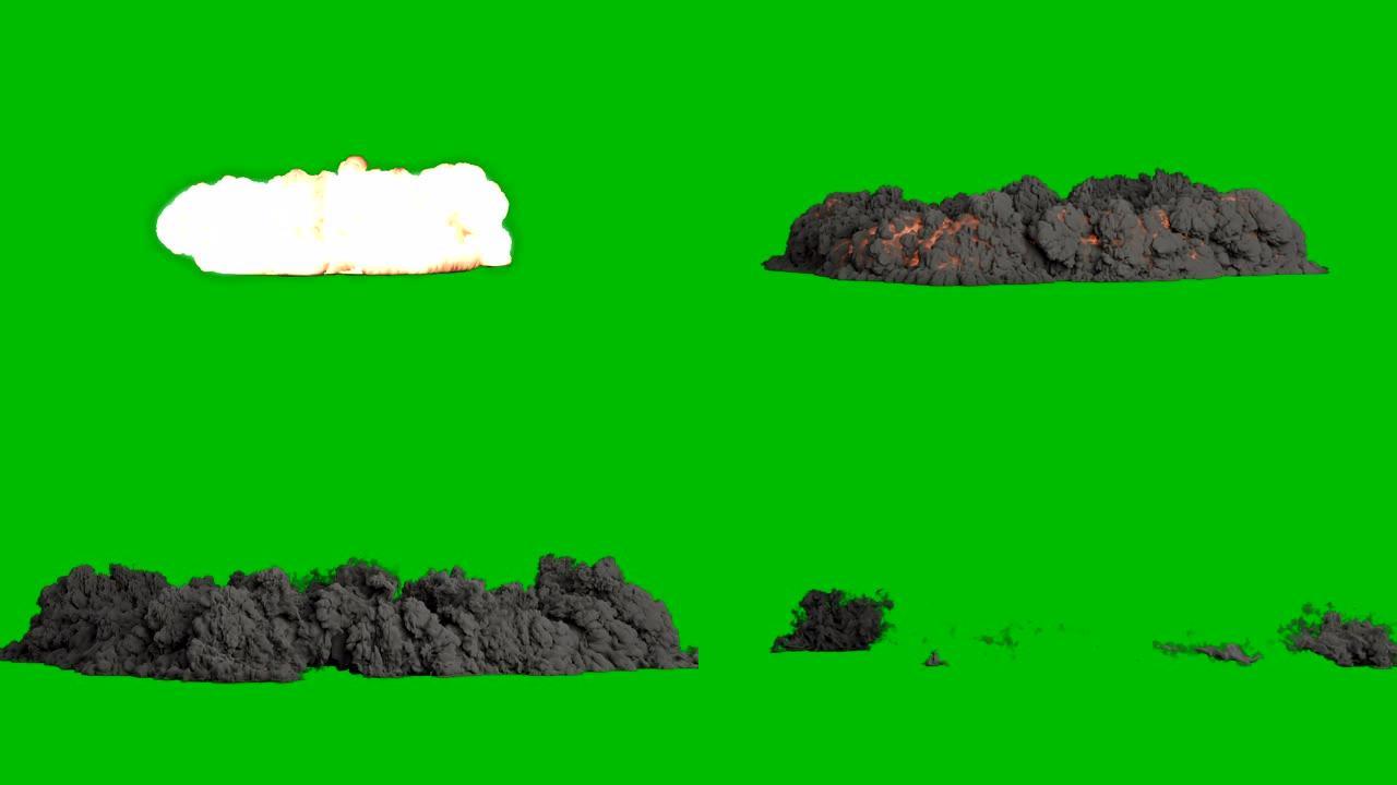 带有黑色滚滚浓烟的燃料或炸药爆炸。浓烟的爆炸，炸弹爆炸，真正的烟雾。绿屏前的VFX动画。