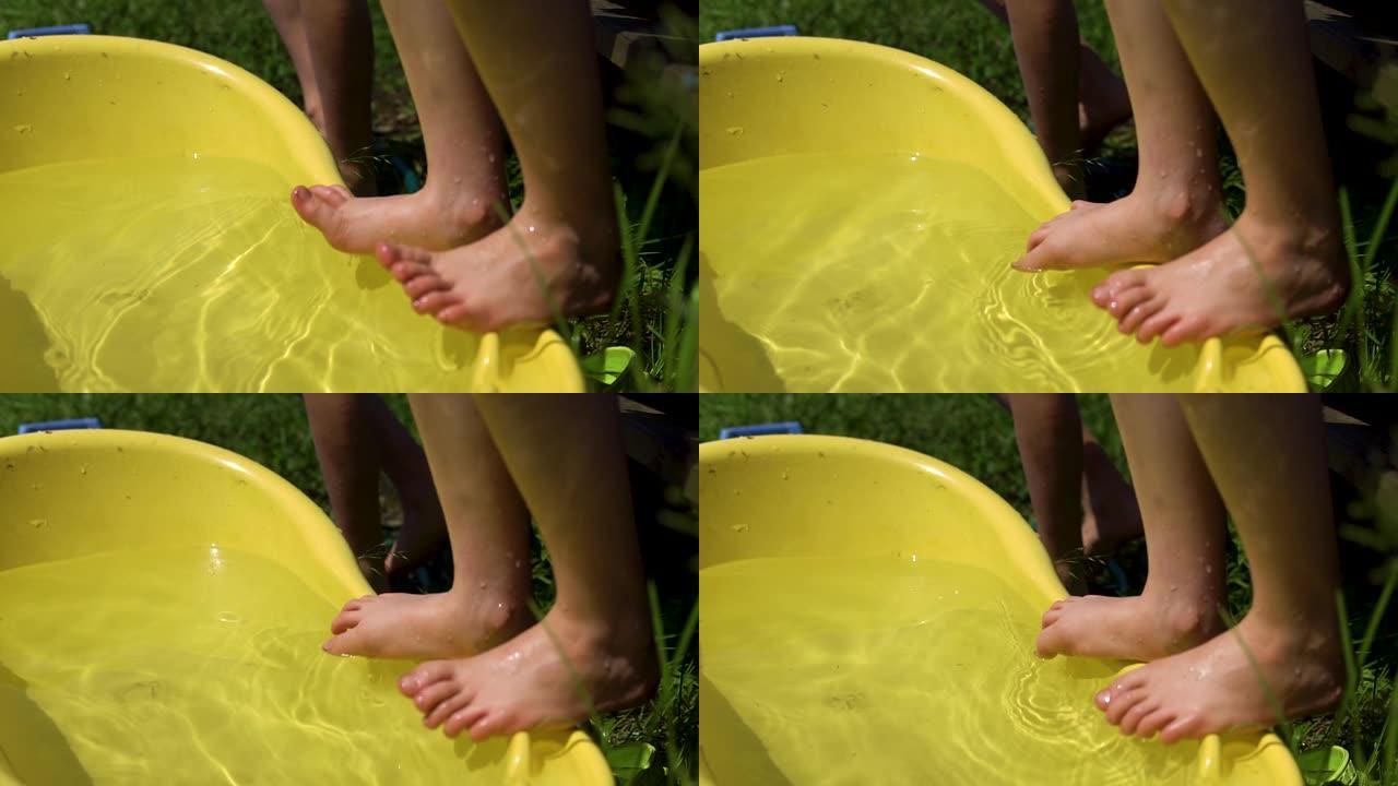 这位年轻女子用清洁刷在水中清洗和清洗漂亮的整齐的腿