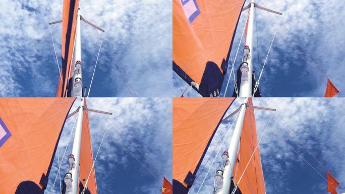 看主帆，头帆，桅杆的帆船对着蓝色的夏天的天空