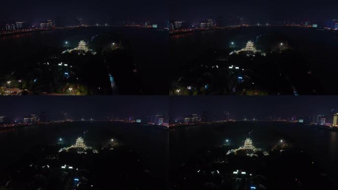 夜间照明长沙市河岛宝塔空中全景4k中国