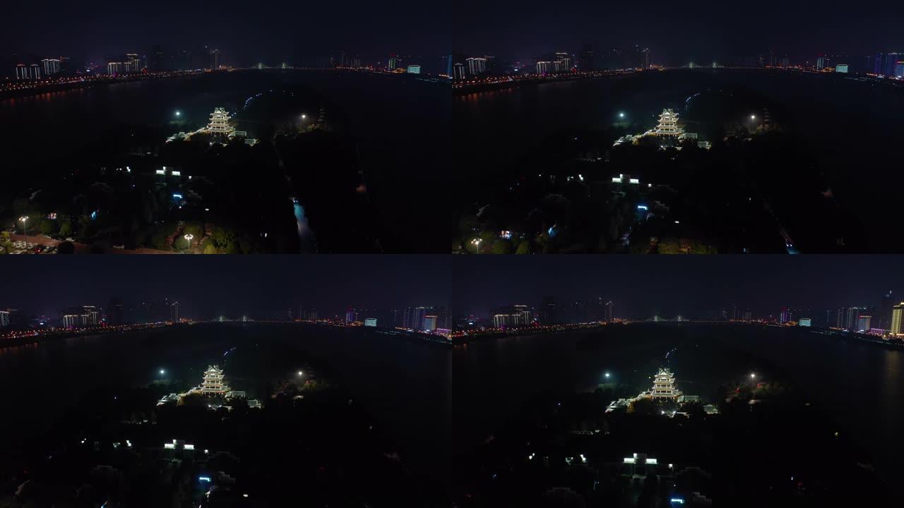 夜间照明长沙市河岛宝塔空中全景4k中国