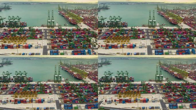 阳光灿烂的一天新加坡城市著名的海湾码头货物集装箱港口空中延时全景4k