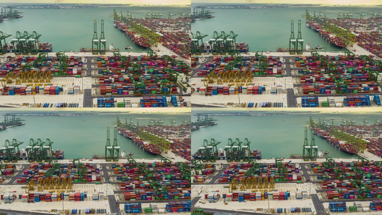 阳光灿烂的一天新加坡城市著名的海湾码头货物集装箱港口空中延时全景4k