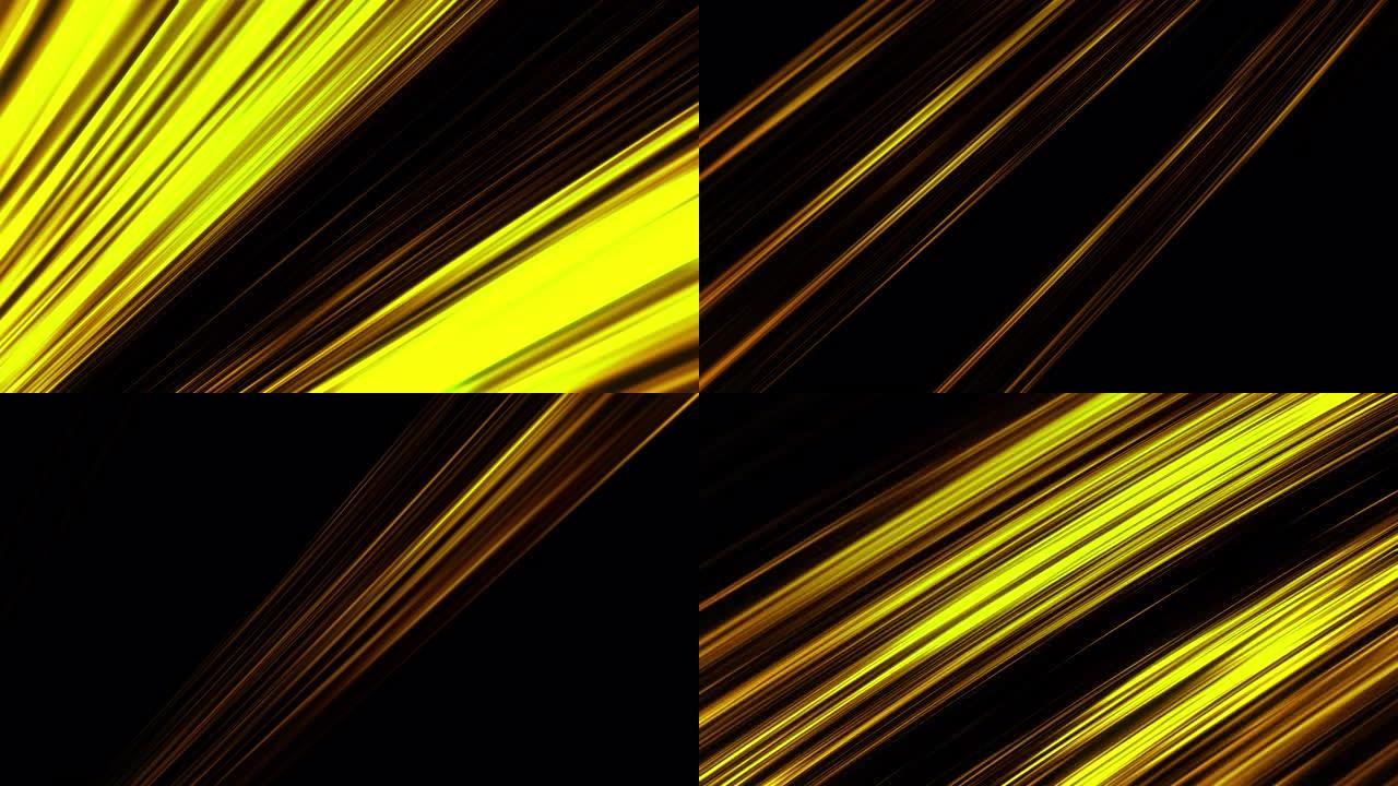 霓虹灯卤素光直射闪烁在黑色背景上，无缝循环。动画。抽象闪烁的黄色线条移动和闪烁混乱