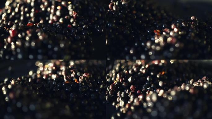 一堆蓝莓浆果的特写镜头，它们在阳光下在盘子上旋转。