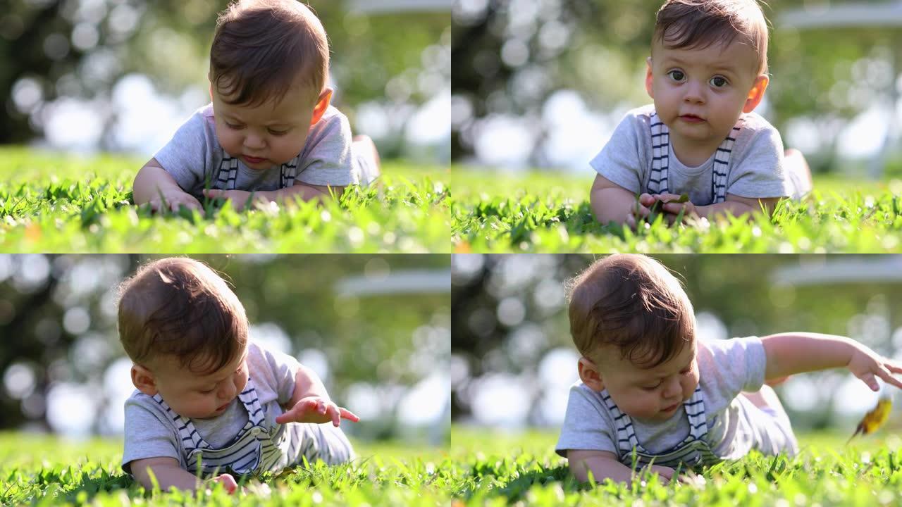 可爱的婴儿婴儿蹒跚学步的男孩孩子在大自然中探索世界