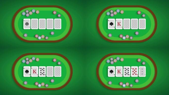 Ace & King在扑克桌上。卡片在桌子上翻过来。平面风格的运动图形。