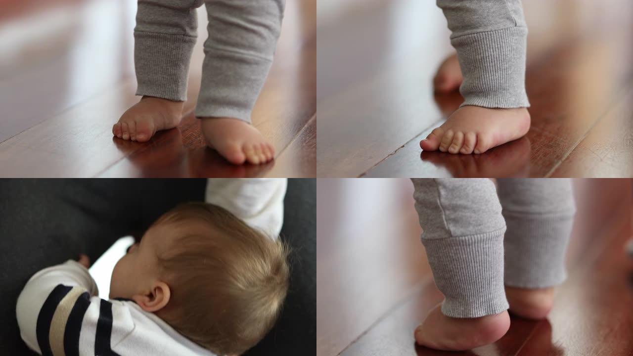婴儿的脚学习走路和站立以保持直立。母亲支持儿童发展
