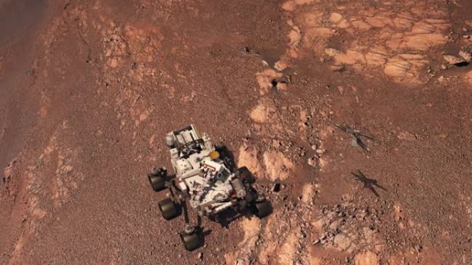 火星。毅力漫游者和独创性直升机在真实火星景观的背景下探索火星。探索火星任务。NASA提供的这段视频的