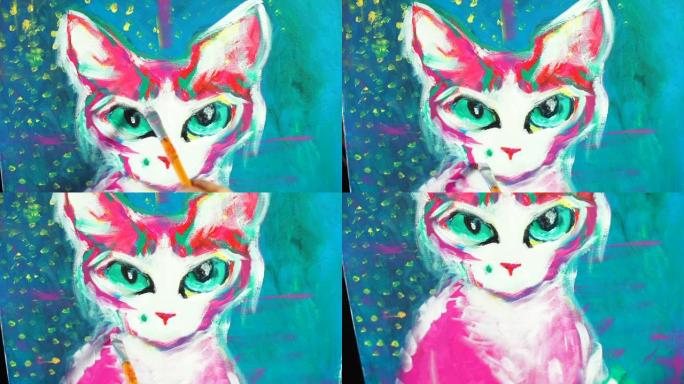猫墙艺术，宠物爱好者的个性化家居装饰。画布上的丙烯绘画