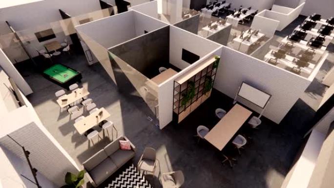 室内空现代阁楼办公室开放空间现代办公室镜头。现代开放式概念大厅和接待区会议室设计。4k。渲染3d。