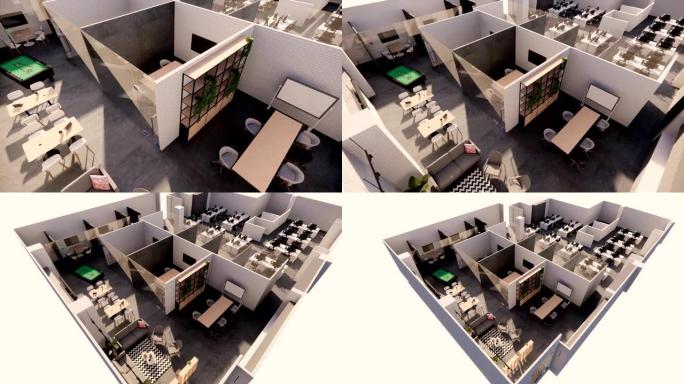 室内空现代阁楼办公室开放空间现代办公室镜头。现代开放式概念大厅和接待区会议室设计。4k。渲染3d。