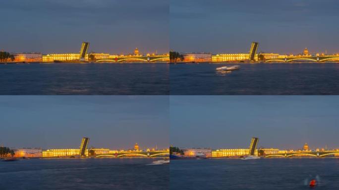 俄罗斯圣彼得堡大约2019年6月: 大船在白夜穿过敞开的桥，延时。