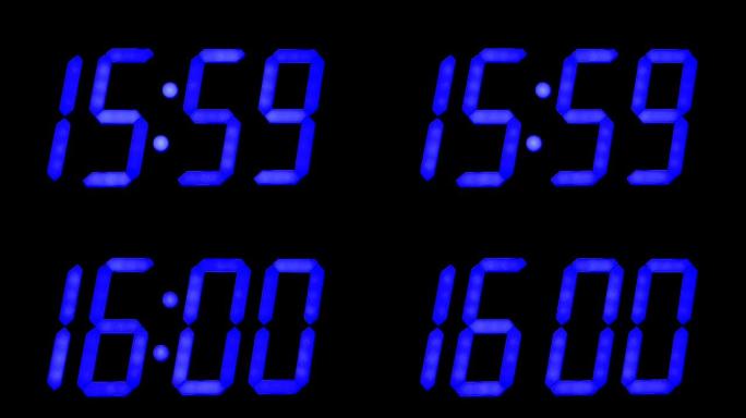 LED时钟显示与大的蓝色数字，工作与闪烁的秒，改变15.59 16.00。