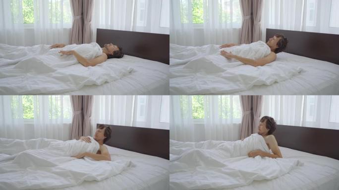 一个健康的年轻人躺在床上，没有枕头睡觉后感觉很好