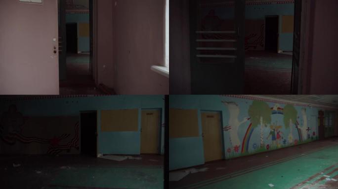 摄像机沿着学校的走廊移动。探索一座被地震摧毁的空楼。废弃房屋的内部，世界末日后的废墟。